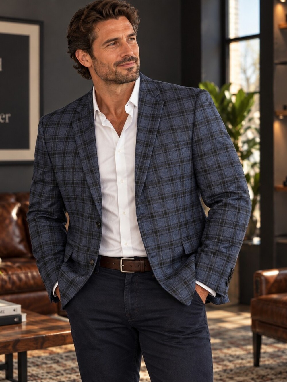Ben Sherman 48L Blue Plaid Blazer Sport Coat British Mod Tailored Hanwell